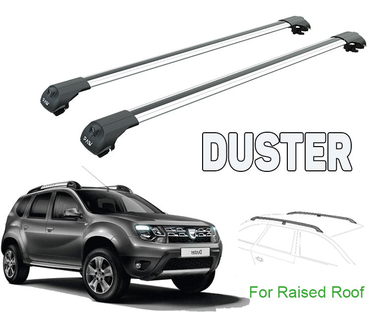 Dacia Duster Raised Rail Roof Rack Cross Bars Set Aluminuim Travel Set Silver Color Dacia Duster Raised Rail Roof Rack Cross Bars Set Aluminuim Travel Set Silver Color